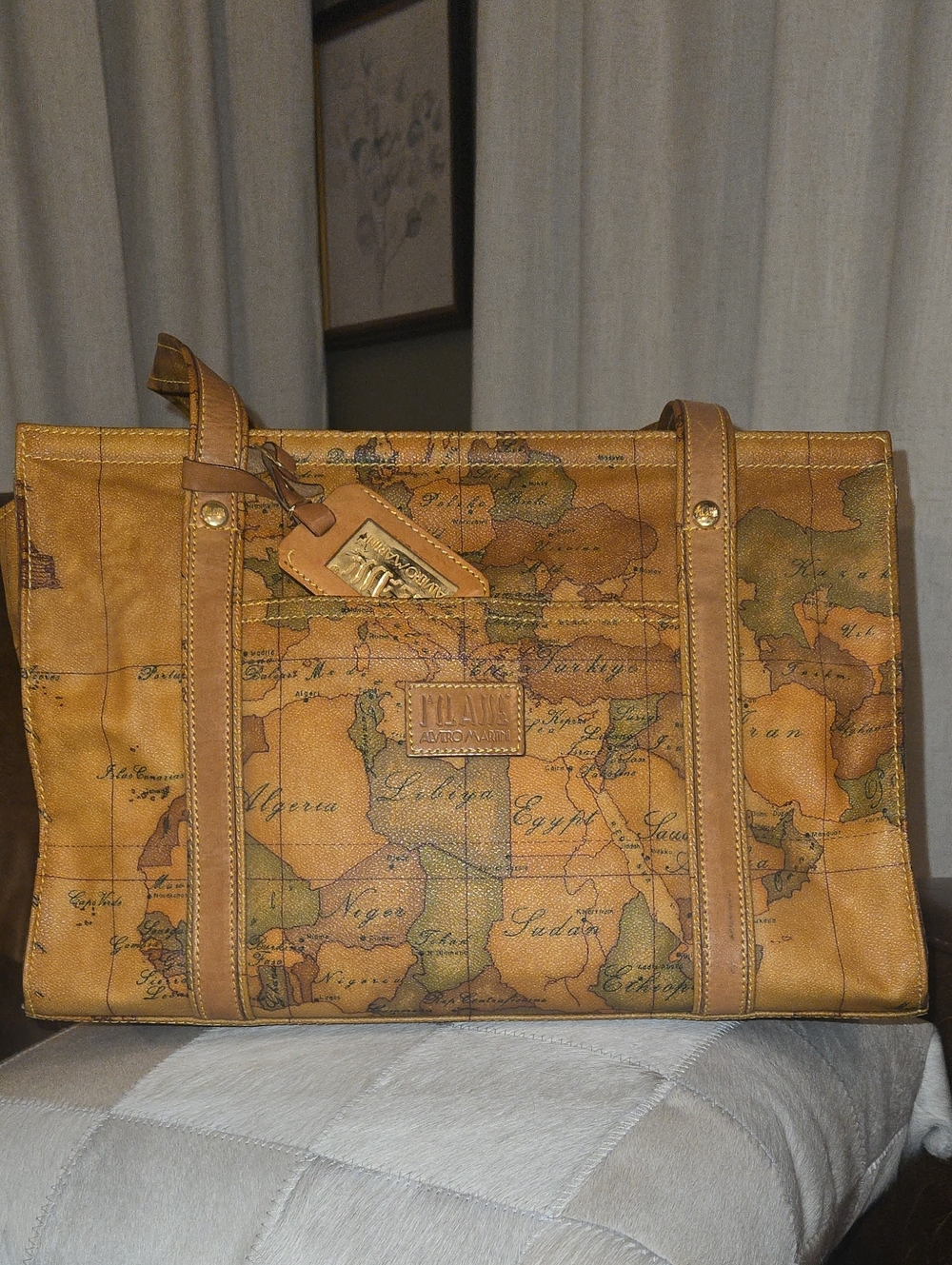 Alviero Martini Tan Map-Print Leather Tote Bag